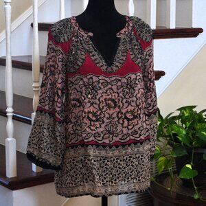 Bila Beaded sparkle blouse Black lace design Red & Mauve LARGE